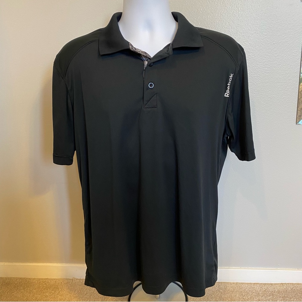 Reebok Men's Black Polo Shirt with Plaid Button Up Accents - Medium